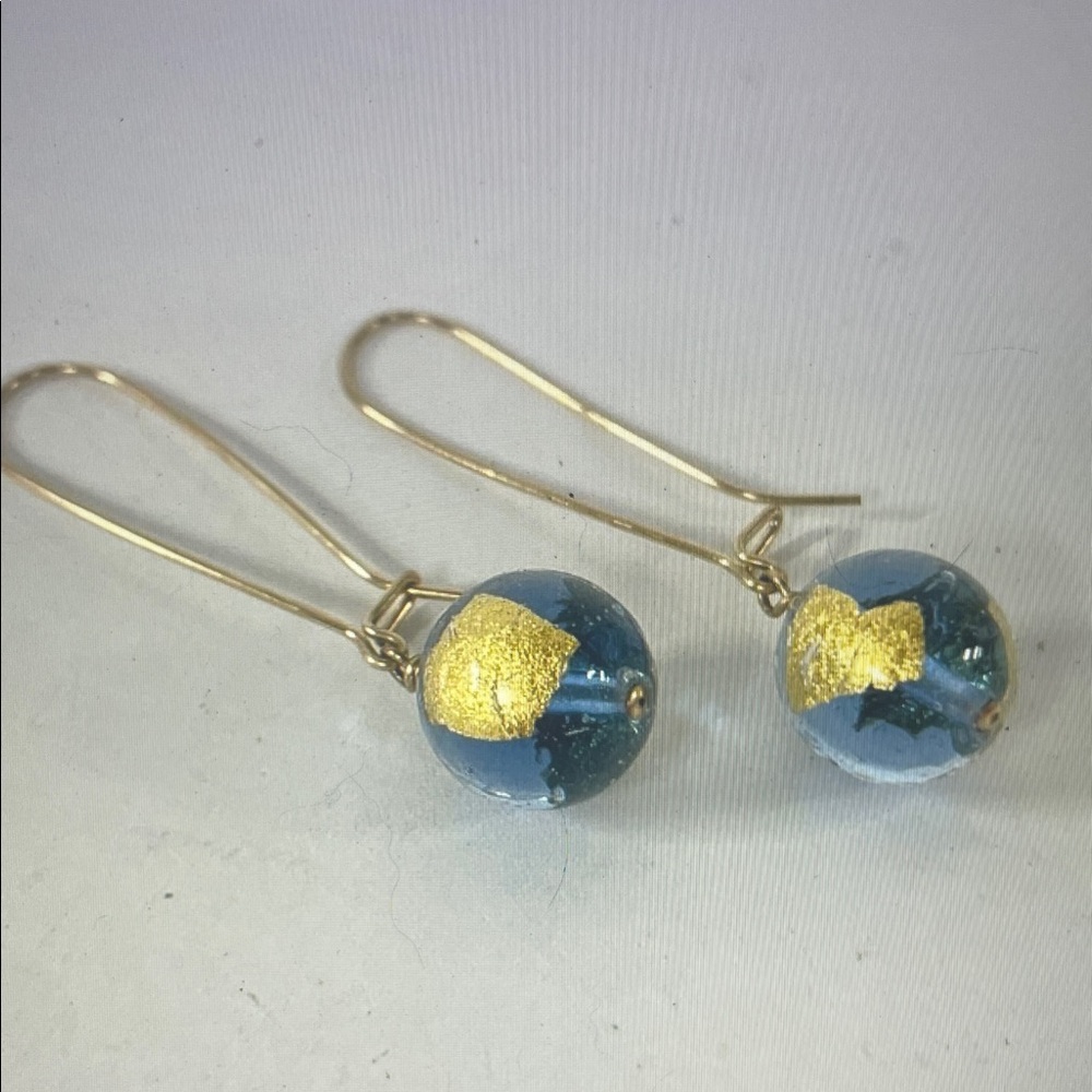14K  Blue Globe Ball Drop Earrings with Gold Leaf Accent